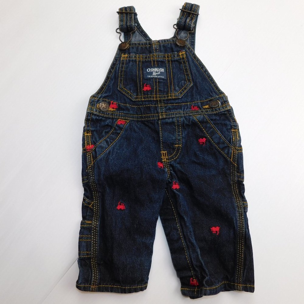 Oshkosh B'gosh Dark Denim Jean Red train Overalls Baby Boy 3 Months 3M
